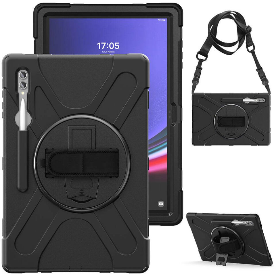 Samsung Galaxy Tab S10 Ultra Kılıf Askılı Standlı Tank Koruyucu Dönen Kapak (DEFENDER) Siyah