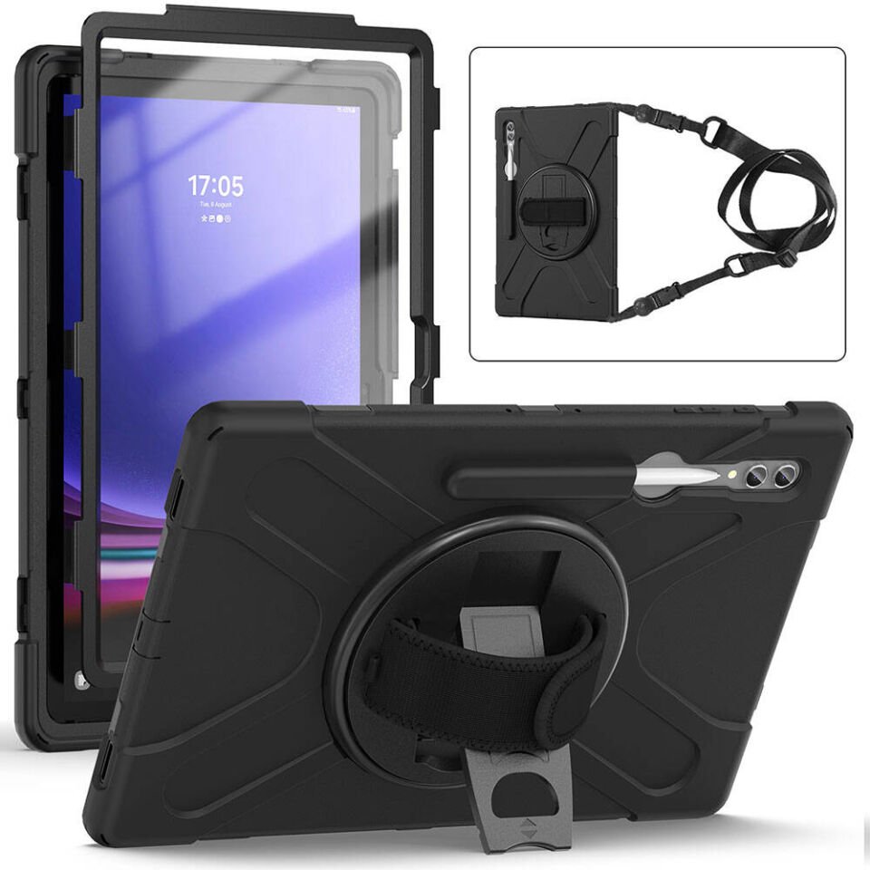Samsung Galaxy Tab S10 Ultra Kılıf Askılı Standlı Tank Koruyucu Dönen Kapak (DEFENDER) Siyah