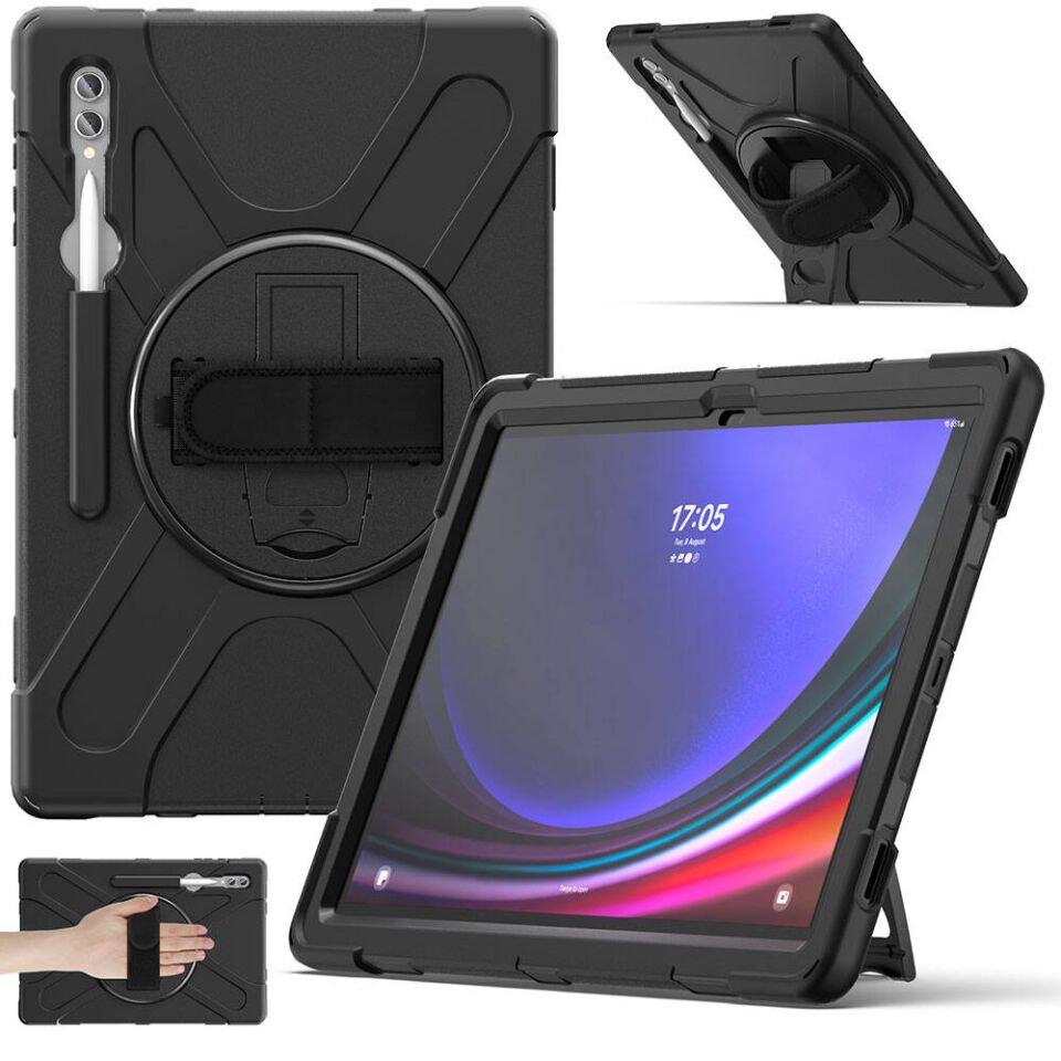 Samsung Galaxy Tab S10 Ultra Kılıf Askılı Standlı Tank Koruyucu Dönen Kapak (DEFENDER) Siyah