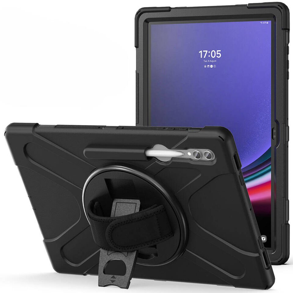 Samsung Galaxy Tab S10 Ultra Kılıf Askılı Standlı Tank Koruyucu Dönen Kapak (DEFENDER) Siyah