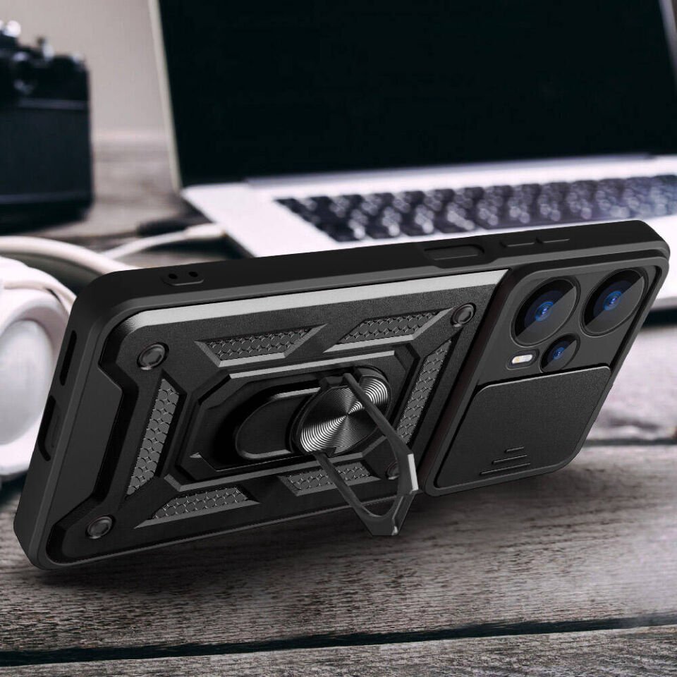 Xiaomi Poco F5 Kılıf Sürgülü Tank Zırh Yüzüklü Mıknatıslı Standlı Kapak (S-VEGA) Mavi
