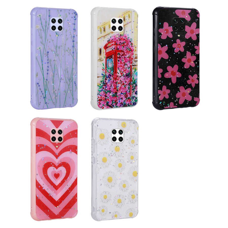 Xiaomi Redmi Note 9S Kılıf Simli Desenli Köşe Kamera Korumalı Darbe Emici Silikon Kapak (Popy) Kulübe