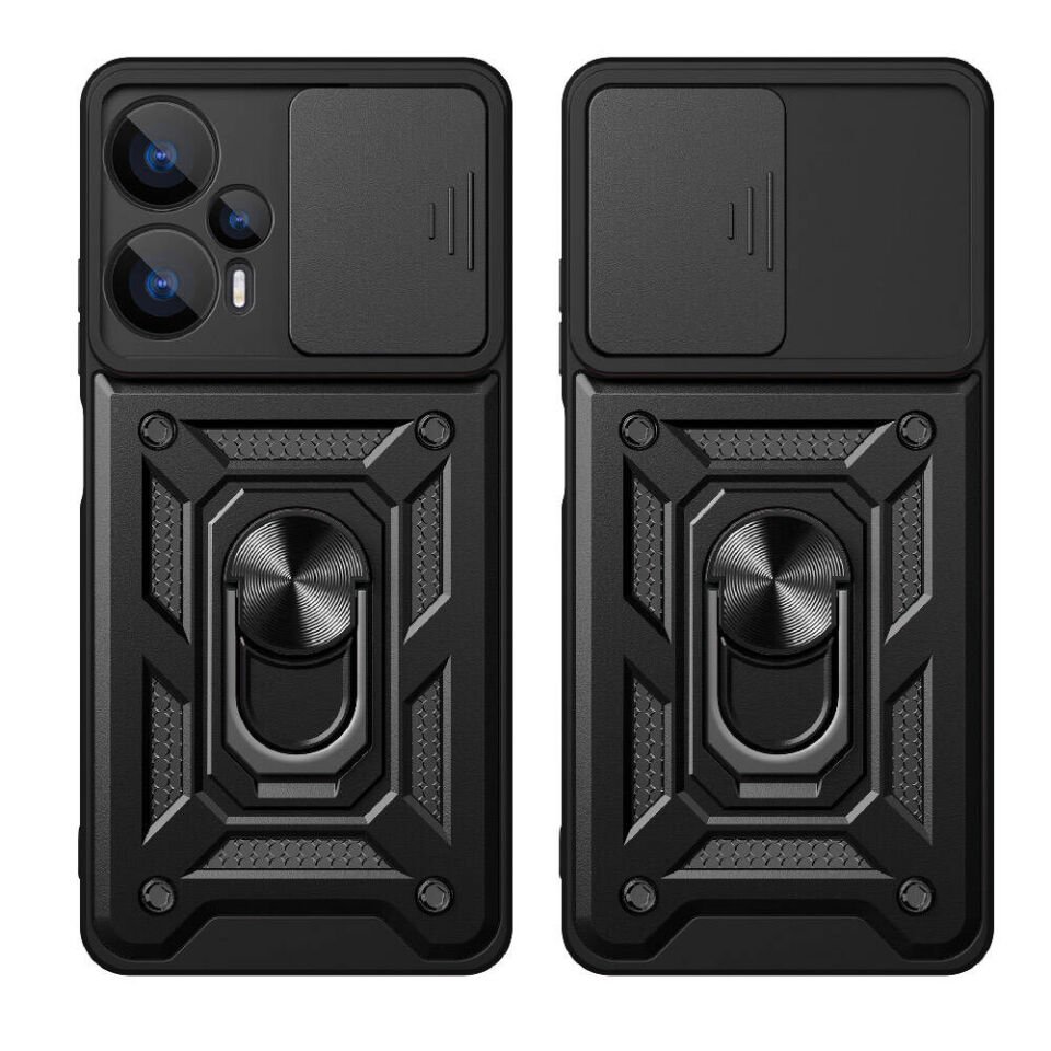 Xiaomi Poco F5 Kılıf Sürgülü Tank Zırh Yüzüklü Mıknatıslı Standlı Kapak (S-VEGA) Siyah