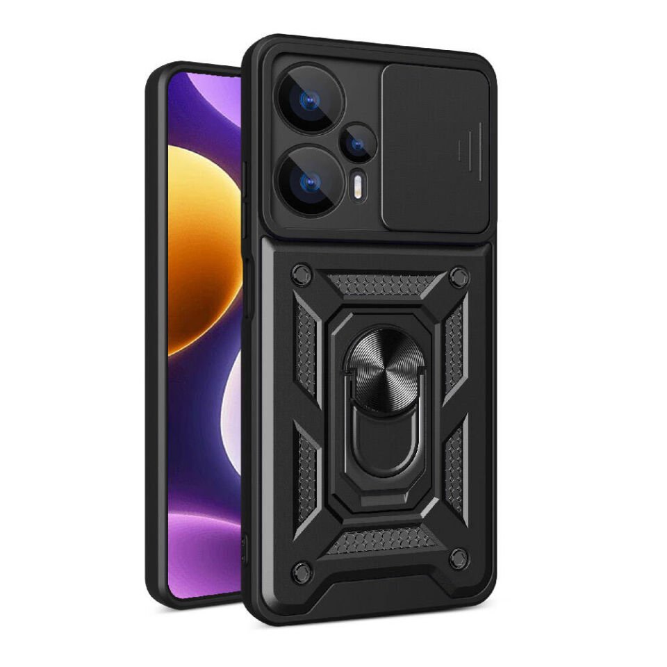 Xiaomi Poco F5 Kılıf Sürgülü Tank Zırh Yüzüklü Mıknatıslı Standlı Kapak (S-VEGA) Siyah