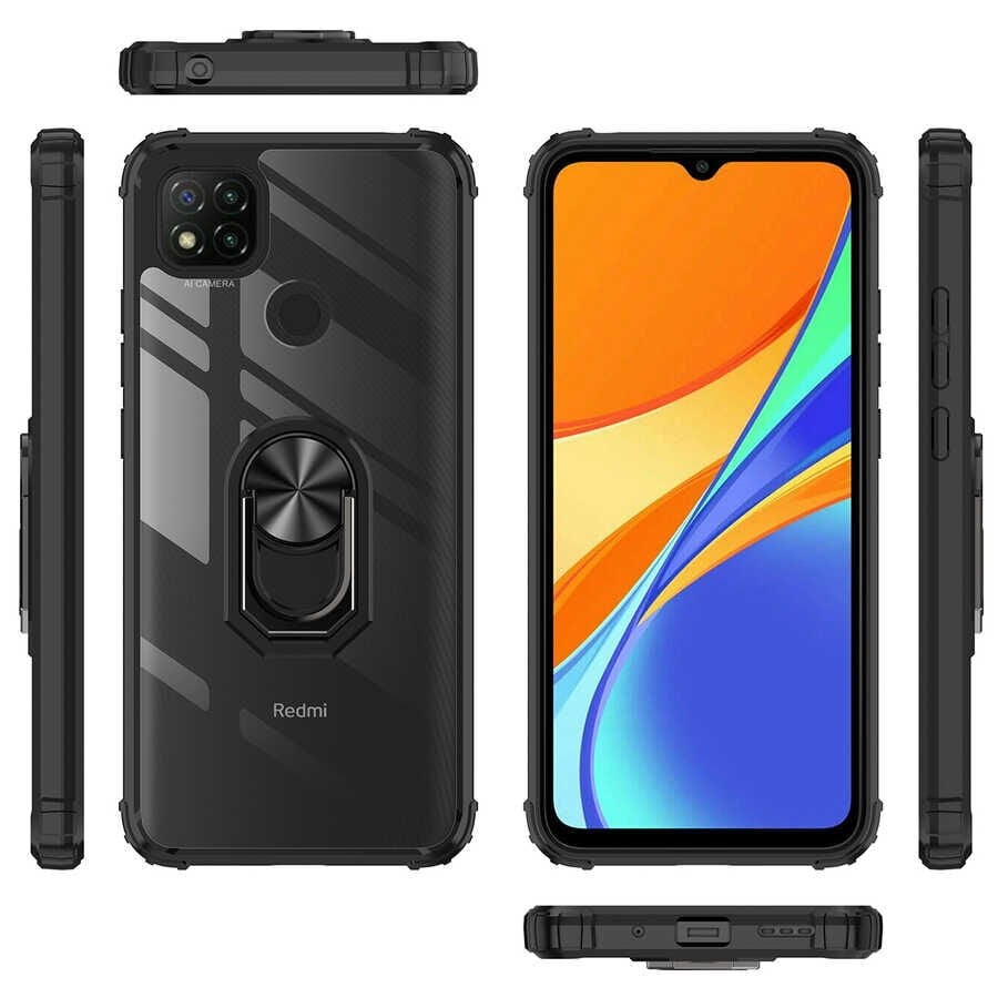 Xiaomi Redmi 9C Kılıf Arkası Şeffaf Kenarları Renkli Yüzüklü Tank Kapak (MOLA) Lacivert