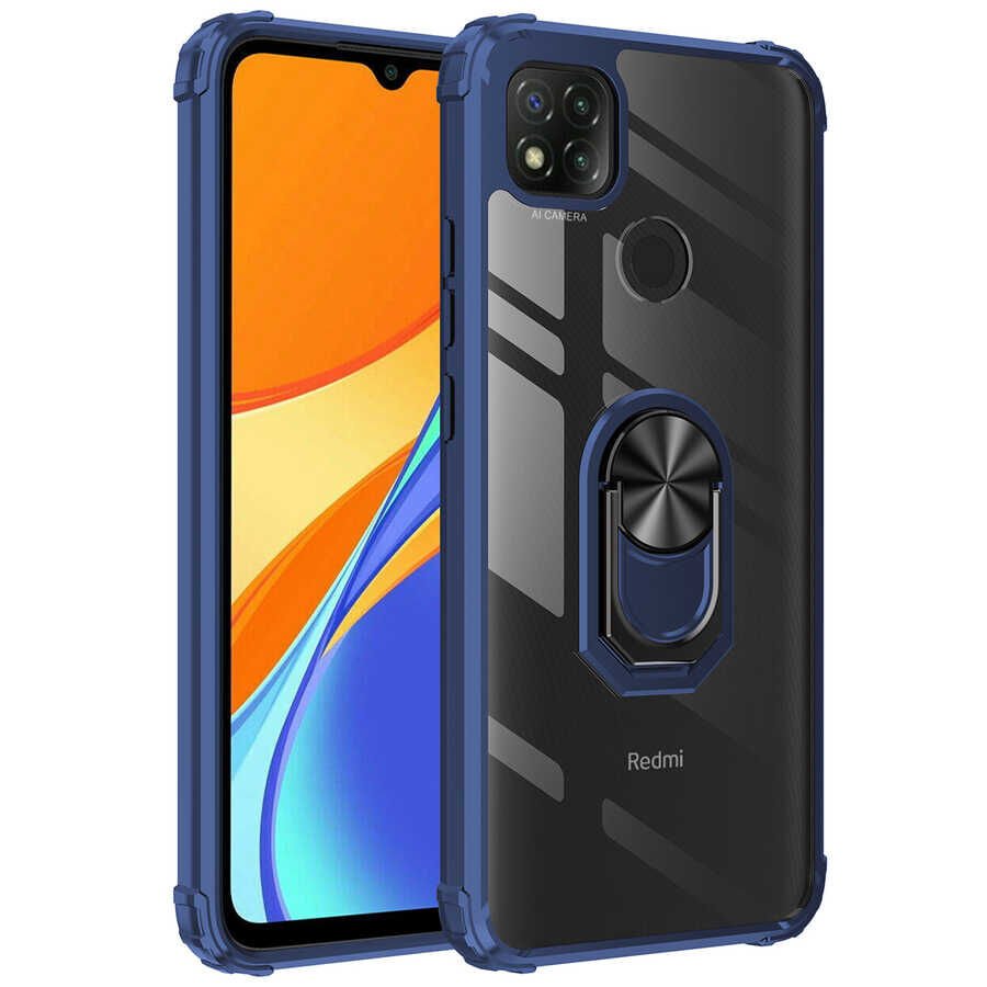 Xiaomi Redmi 9C Kılıf Arkası Şeffaf Kenarları Renkli Yüzüklü Tank Kapak (MOLA) Lacivert