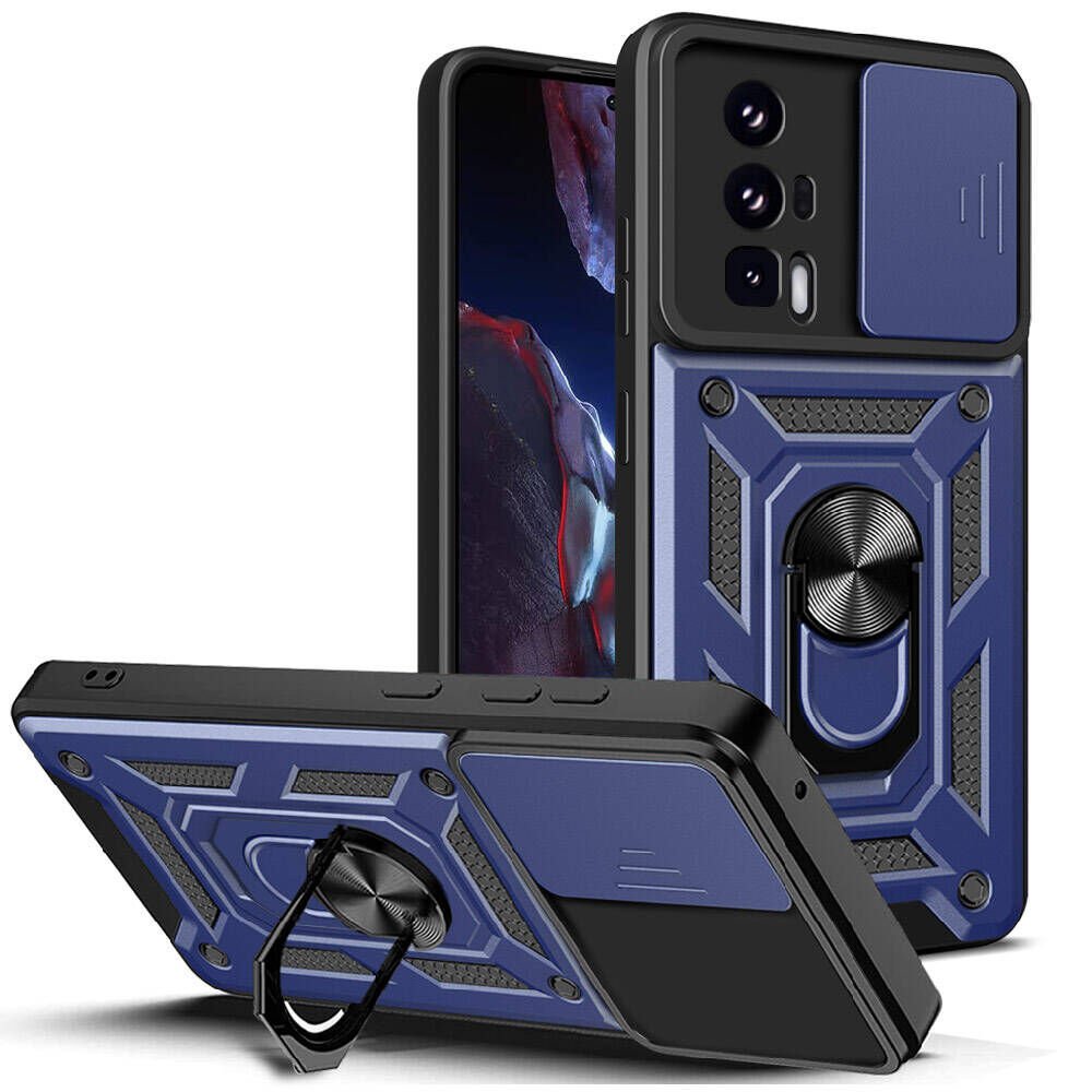 Xiaomi Poco F5 Pro Kılıf Sürgülü Tank Zırh Yüzüklü Mıknatıslı Standlı Kapak (S-VEGA) Mavi