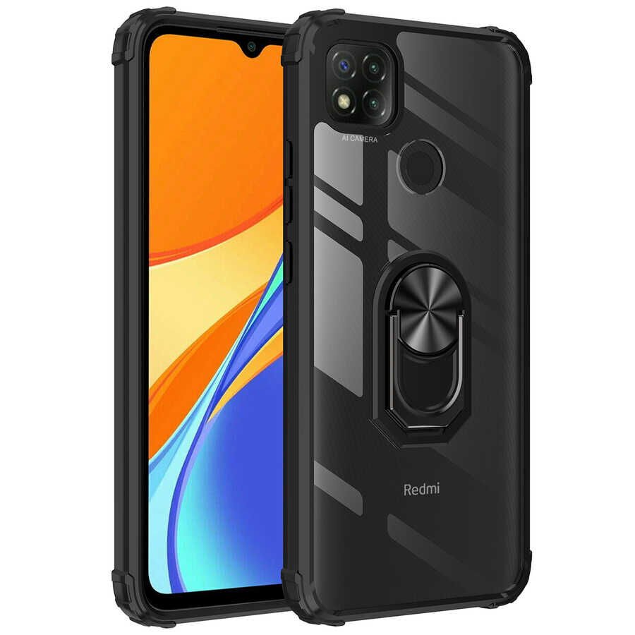 Xiaomi Redmi 9C Kılıf Arkası Şeffaf Kenarları Renkli Yüzüklü Tank Kapak (MOLA) Siyah