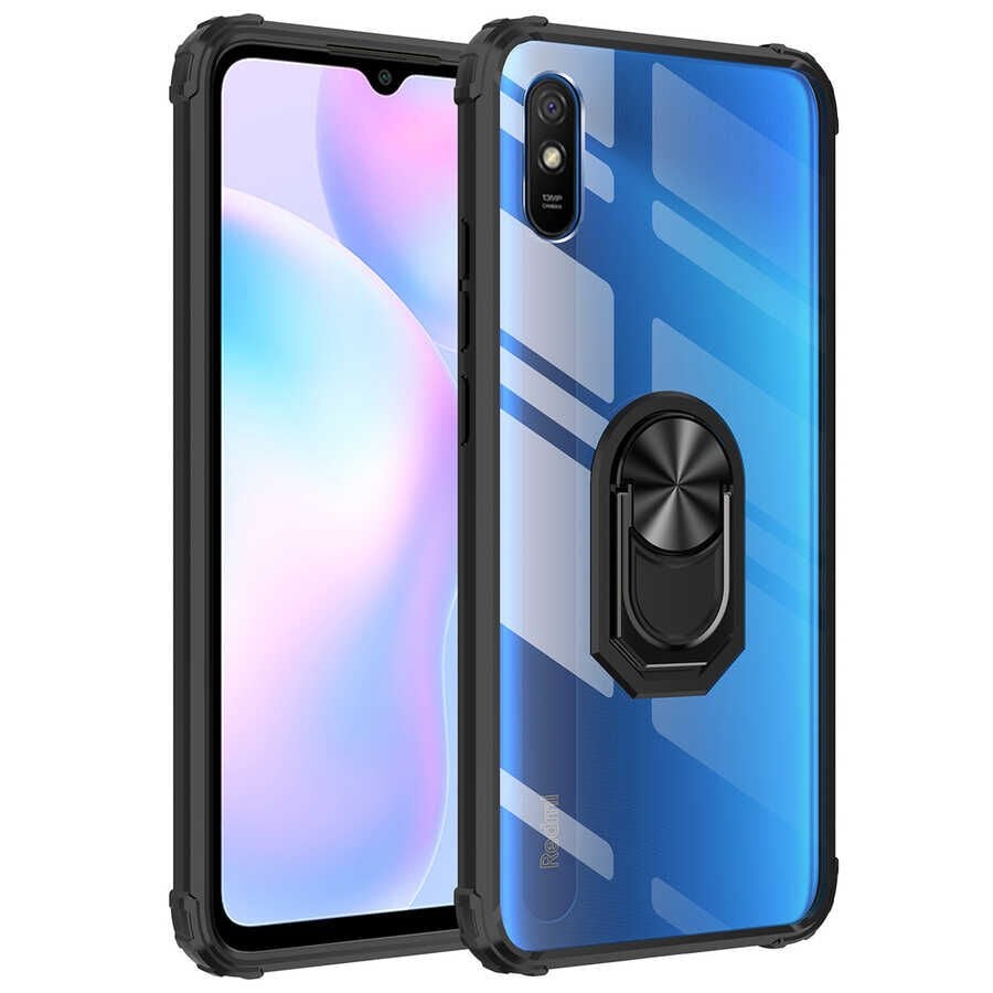 Xiaomi Redmi 9A Kılıf Arkası Şeffaf Kenarları Renkli Yüzüklü Tank Kapak (MOLA) Siyah
