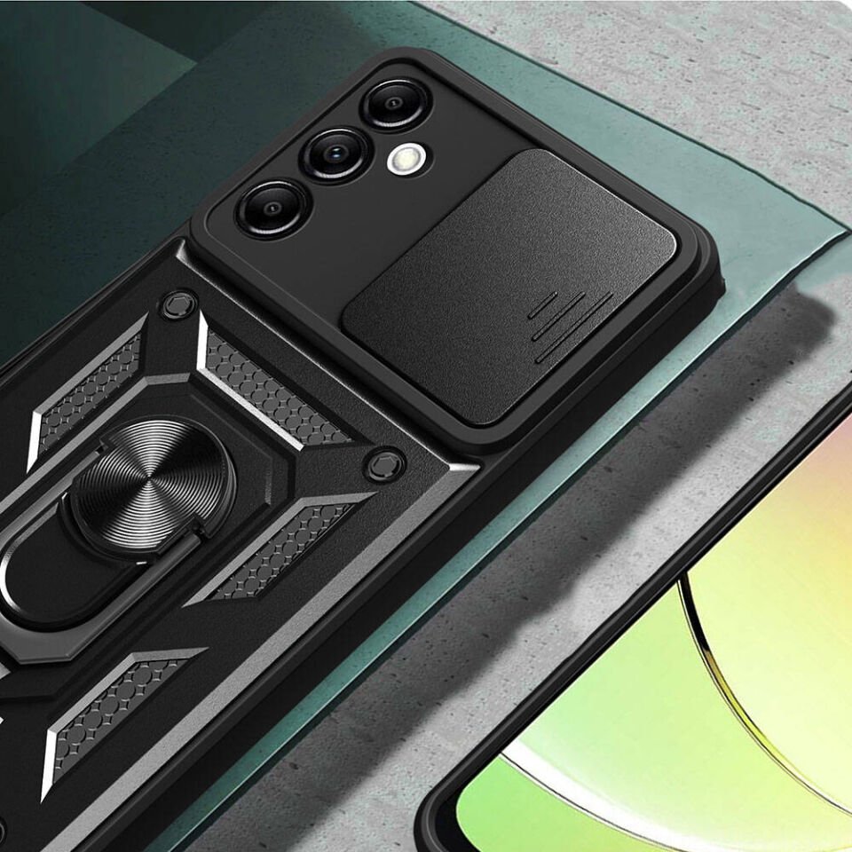 Samsung Galaxy A14 Kılıf Sürgülü Tank Zırh Yüzüklü Mıknatıslı Standlı Kapak (S-VEGA) Mavi