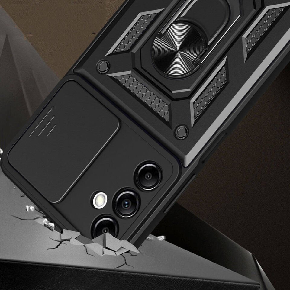 Samsung Galaxy A14 Kılıf Sürgülü Tank Zırh Yüzüklü Mıknatıslı Standlı Kapak (S-VEGA) Mavi