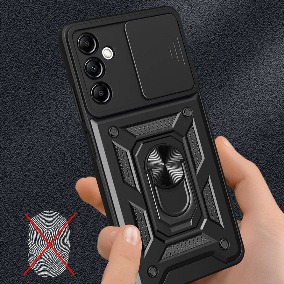 Samsung Galaxy A14 Kılıf Sürgülü Tank Zırh Yüzüklü Mıknatıslı Standlı Kapak (S-VEGA) Mavi