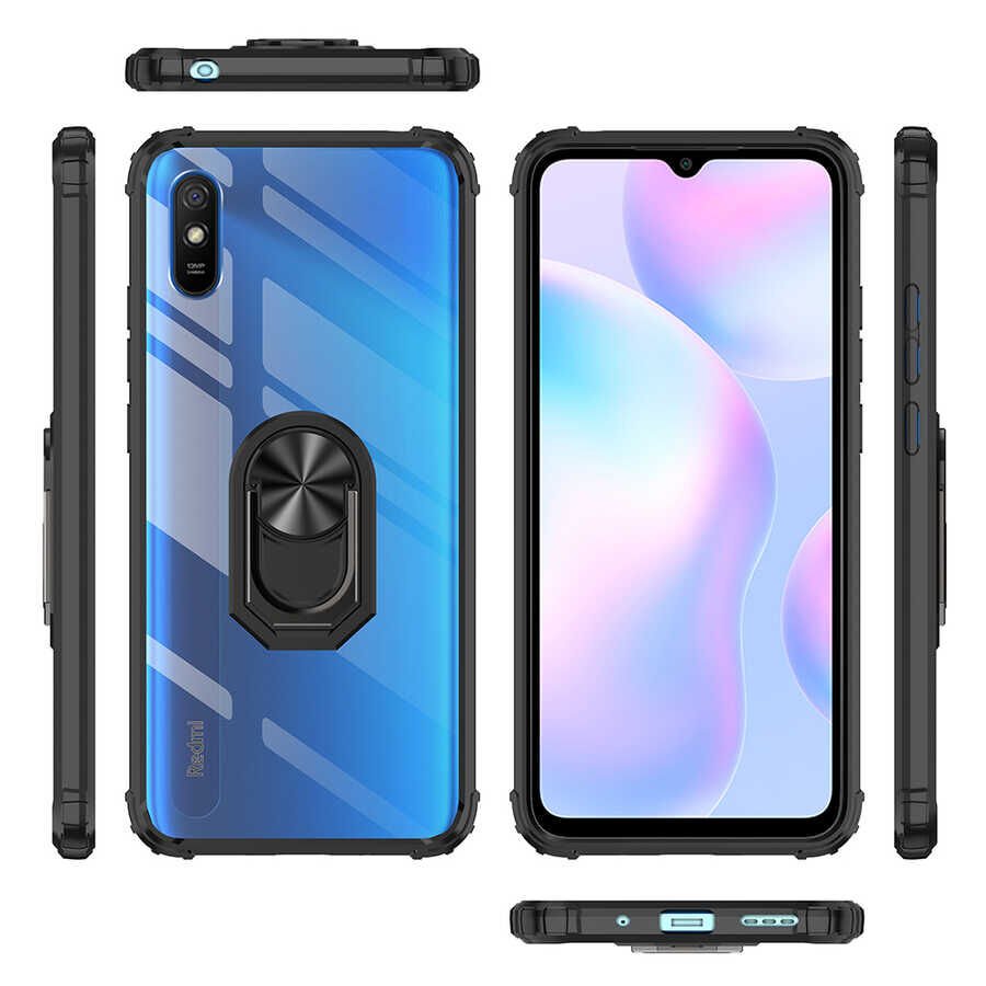 Xiaomi Redmi 9A Kılıf Arkası Şeffaf Kenarları Renkli Yüzüklü Tank Kapak (MOLA) Kırmızı