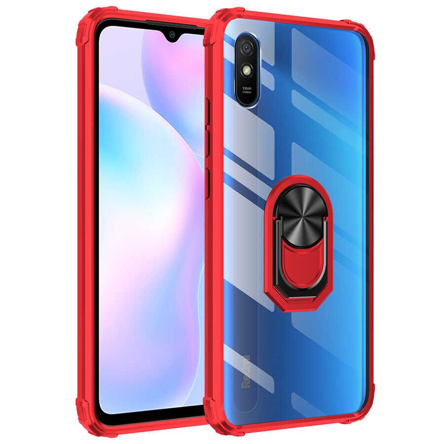 Xiaomi Redmi 9A Kılıf Arkası Şeffaf Kenarları Renkli Yüzüklü Tank Kapak (MOLA) Kırmızı