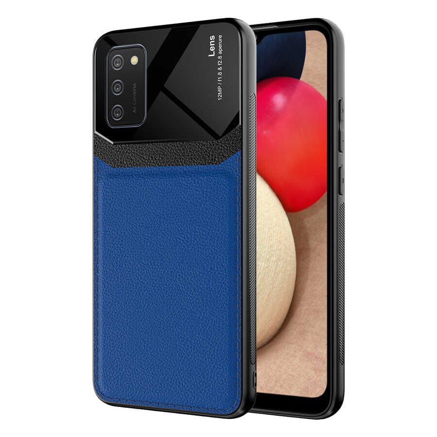 Samsung Galaxy A02S Kılıf Parlak Sert Pc Deri Görünümlü Şık Tasarım Silikon Kapak (Emiks) Lacivert