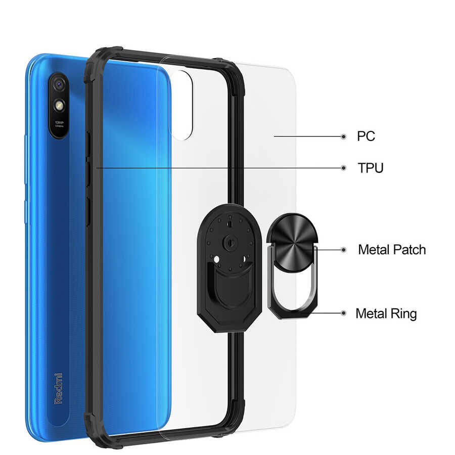 Xiaomi Redmi 9A Kılıf Arkası Şeffaf Kenarları Renkli Yüzüklü Tank Kapak (MOLA) Lacivert