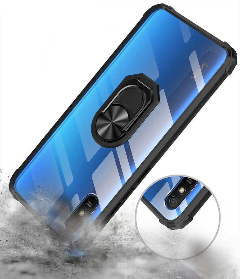 Xiaomi Redmi 9A Kılıf Arkası Şeffaf Kenarları Renkli Yüzüklü Tank Kapak (MOLA) Lacivert