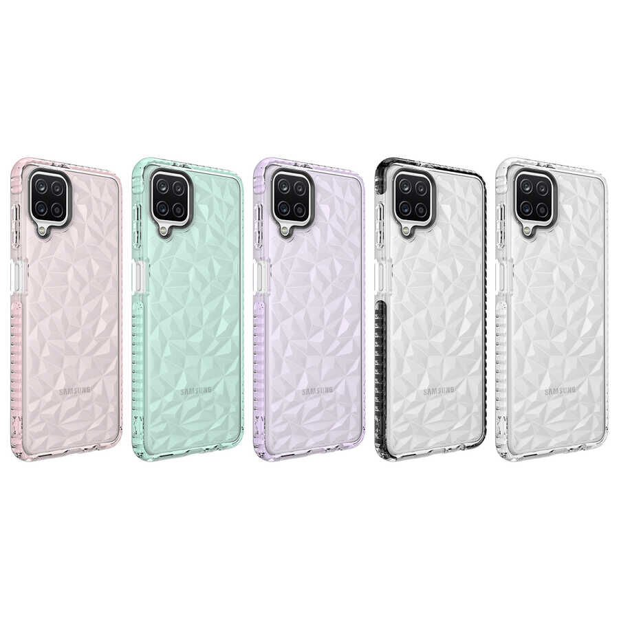 Samsung Galaxy A12 Kılıf Pramit Desenli Renkli Yumuşak Lüks Silikon Kapak (BUZ) Mor