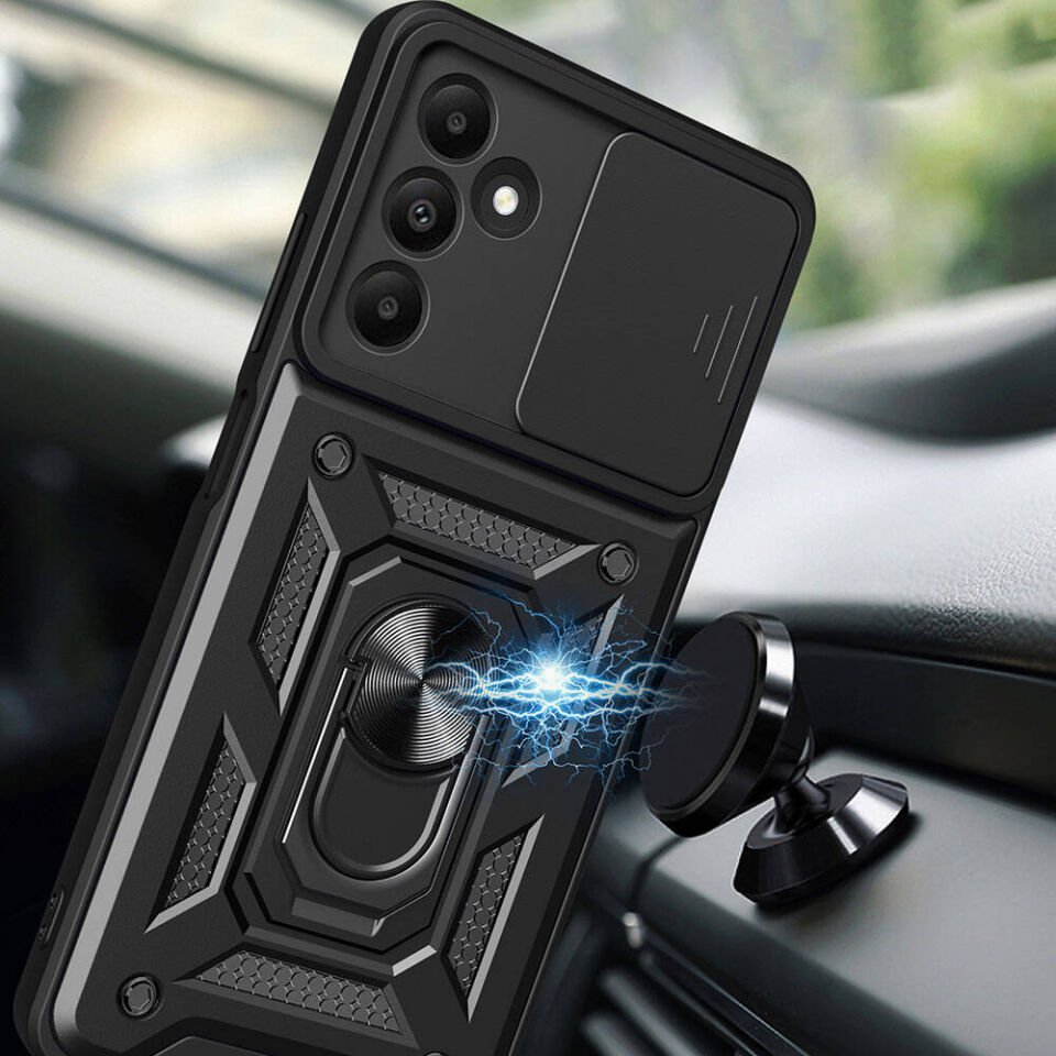 Samsung Galaxy A15 Kılıf Sürgülü Tank Zırh Yüzüklü Mıknatıslı Standlı Kapak (S-VEGA) Siyah