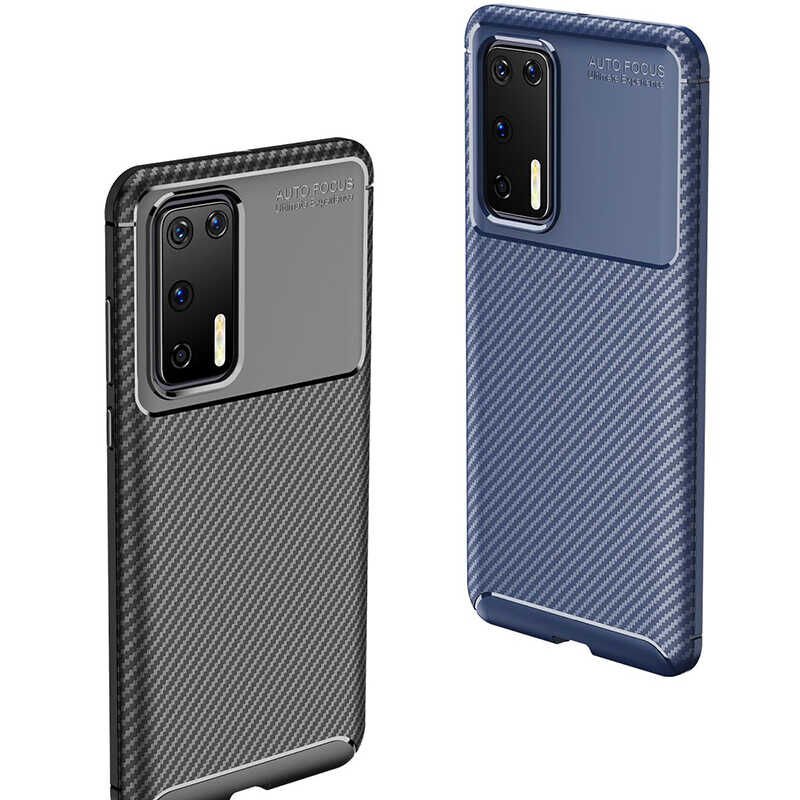 Huawei P40 Kılıf Kamera Çıkıntılı Karbon Fiber Dokulu Renk Atmaz Kapak (NEGRO) Lacivert