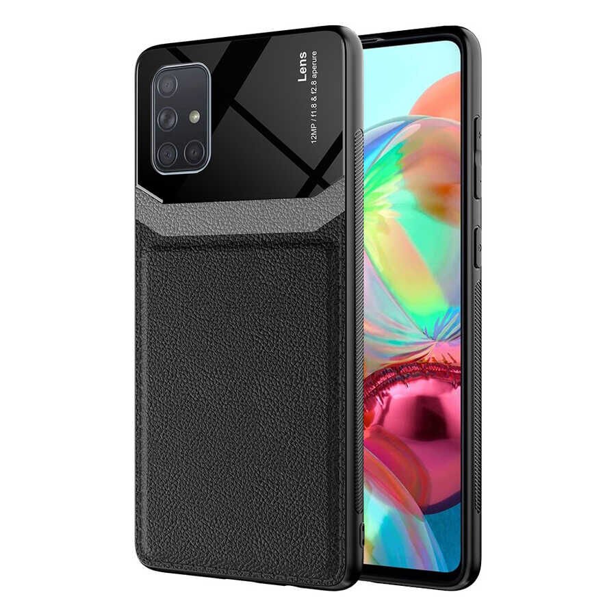 Samsung Galaxy A71 Kılıf Parlak Sert Pc Deri Görünümlü Şık Tasarım Silikon Kapak (Emiks) Siyah