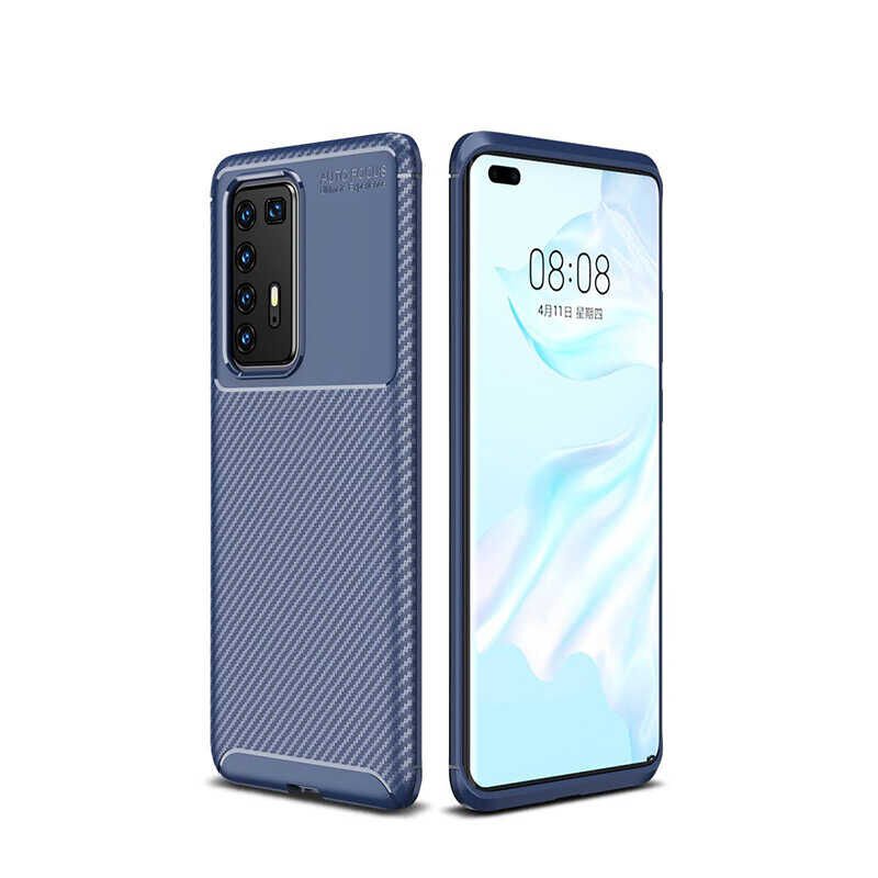 Huawei P40 Pro Kılıf Kamera Çıkıntılı Karbon Fiber Dokulu Renk Atmaz Kapak (NEGRO) Lacivert