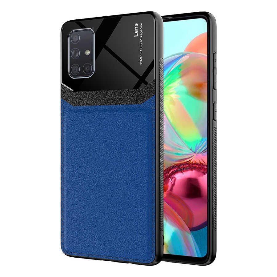 Samsung Galaxy A71 Kılıf Parlak Sert Pc Deri Görünümlü Şık Tasarım Silikon Kapak (Emiks) Lacivert