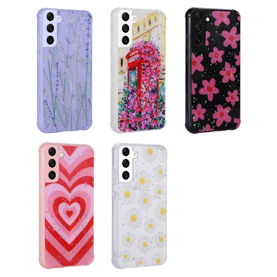 Samsung Galaxy S21 FE Kılıf Simli Desenli Köşe Kamera Korumalı Darbe Emici Silikon Kapak (Popy) Çiçek
