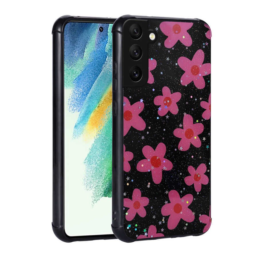 Samsung Galaxy S21 FE Kılıf Simli Desenli Köşe Kamera Korumalı Darbe Emici Silikon Kapak (Popy) Çiçek