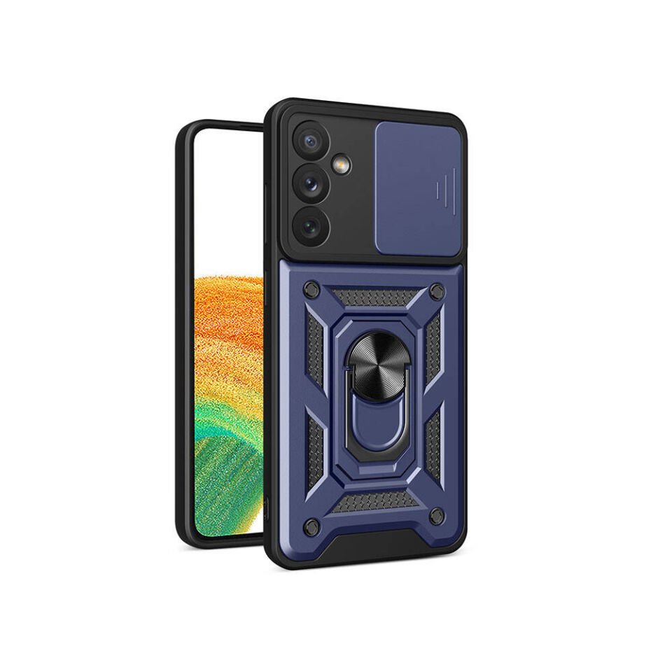 Samsung Galaxy A34 Kılıf Sürgülü Tank Zırh Yüzüklü Mıknatıslı Standlı Kapak (S-VEGA) Mavi