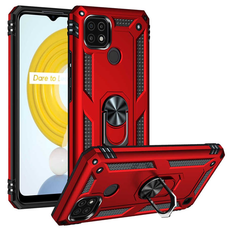 Realme C21 Kılıf Tank Zırh Yüzüklü Mıknatıslı Standlı Kapak (VEGA) Gri