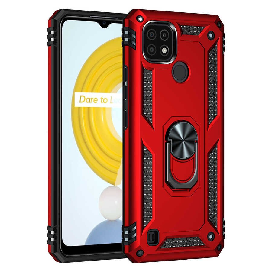 Realme C21 Kılıf Tank Zırh Yüzüklü Mıknatıslı Standlı Kapak (VEGA) Gri