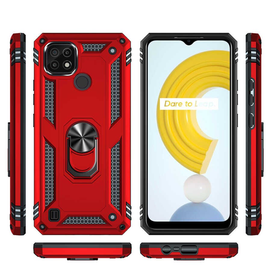 Realme C21 Kılıf Tank Zırh Yüzüklü Mıknatıslı Standlı Kapak (VEGA) Gri