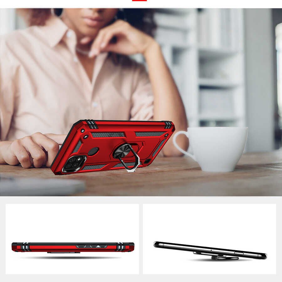 Realme C21 Kılıf Tank Zırh Yüzüklü Mıknatıslı Standlı Kapak (VEGA) Gri