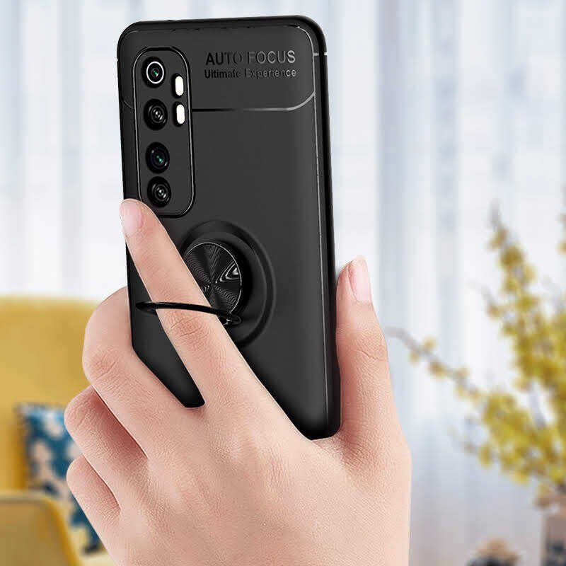 Xiaomi Mi Note 10 Lite Kılıf Kamera Çıkıntılı Renkli Yüzüklü Standlı Mıknatıslı Kapak (RAVEL) Siyah-Mavi