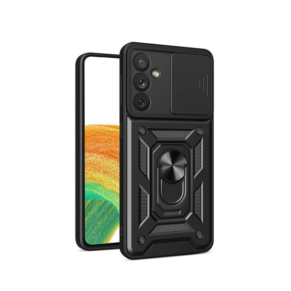 Samsung Galaxy A34 Kılıf Sürgülü Tank Zırh Yüzüklü Mıknatıslı Standlı Kapak (S-VEGA) Siyah
