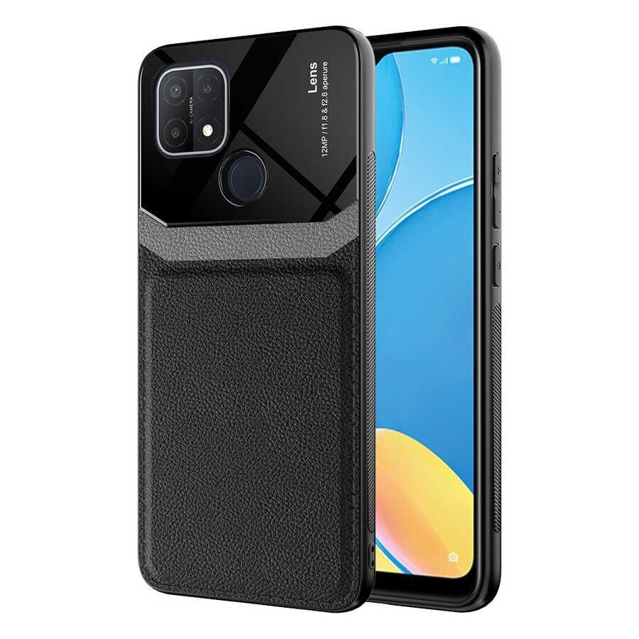 Oppo A15 Kılıf Parlak Sert Pc Deri Görünümlü Şık Tasarım Silikon Kapak (Emiks) Kırmızı