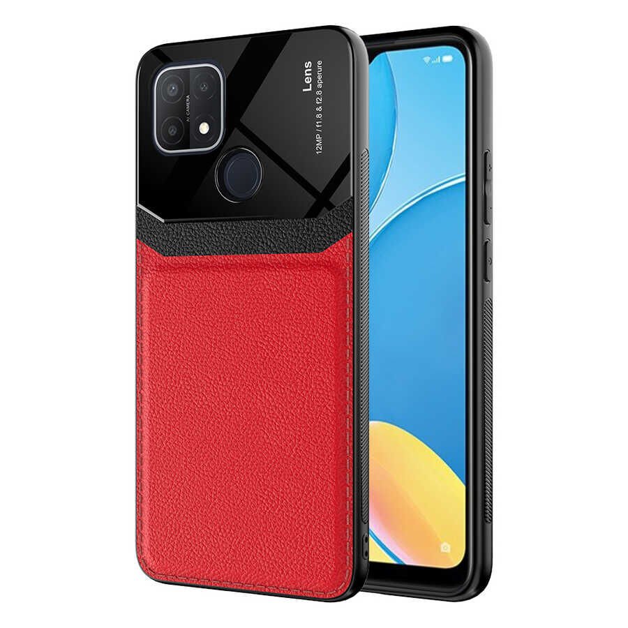 Oppo A15 Kılıf Parlak Sert Pc Deri Görünümlü Şık Tasarım Silikon Kapak (Emiks) Kırmızı