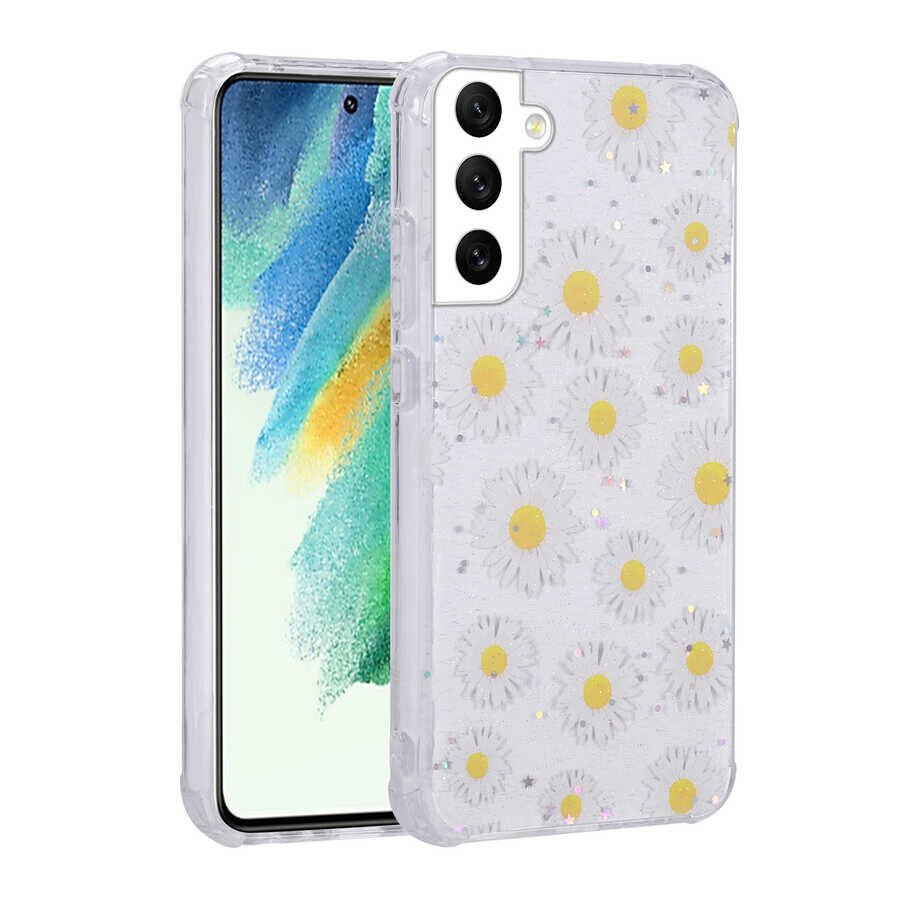 Samsung Galaxy S21 FE Kılıf Simli Desenli Köşe Kamera Korumalı Darbe Emici Silikon Kapak (Popy) Papatya