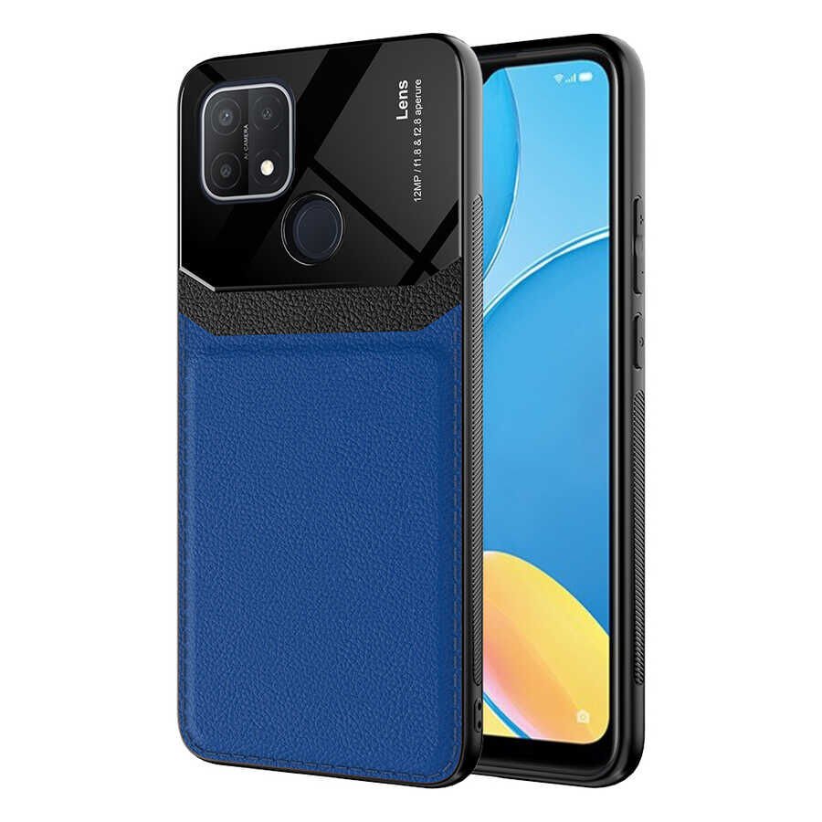 Oppo A15 Kılıf Parlak Sert Pc Deri Görünümlü Şık Tasarım Silikon Kapak (Emiks) Lacivert