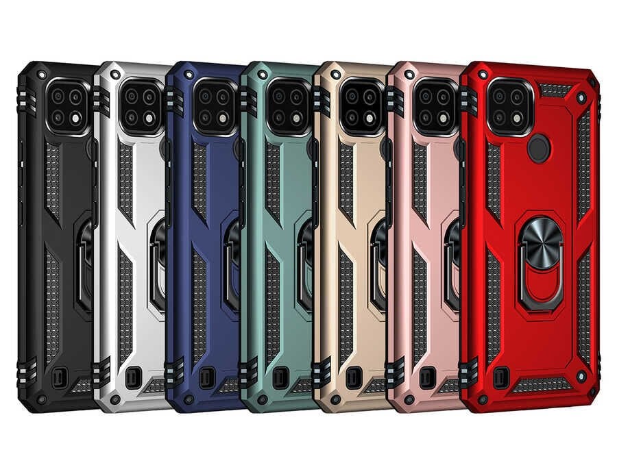 Realme C21 Kılıf Tank Zırh Yüzüklü Mıknatıslı Standlı Kapak (VEGA) Gold