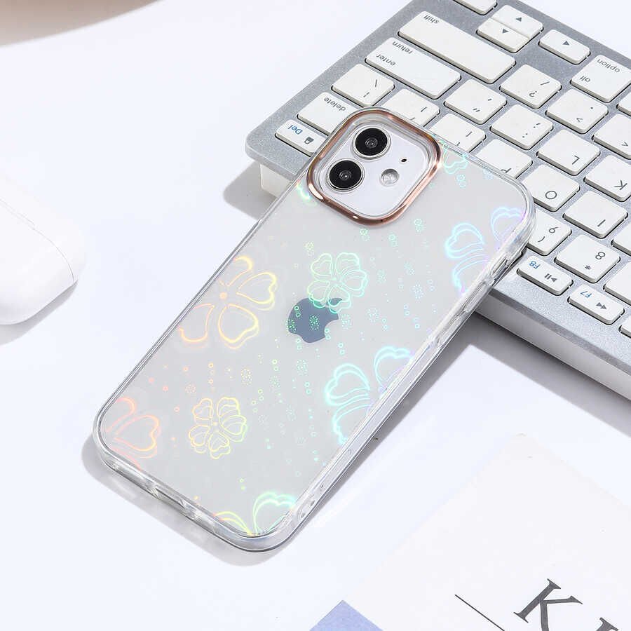 Apple  iPhone 12 Kılıf Renkli Transparan Parlak Desenli Sert Kapak (SİDNEY) Flower No3