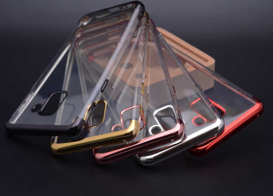 Samsung Galaxy A8 2018 Kılıf Dört Köşe Renkli Lazer Şeffaf Silikon Kapak (GLİTTER) Kırmızı