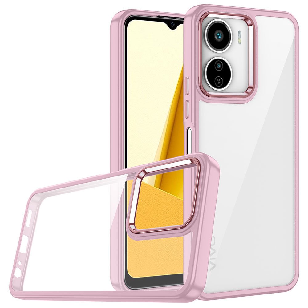 Vivo Y16 Kılıf Kamera Çıkıntılı Arkası Şeffaf Hassas Tuşlu Kenarlı Kapak (Flora) Rose Gold
