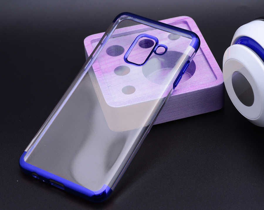Samsung Galaxy A8 2018 Kılıf Dört Köşe Renkli Lazer Şeffaf Silikon Kapak (GLİTTER) Mavi