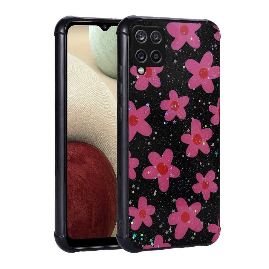 Samsung Galaxy M12 Kılıf Simli Desenli Köşe Kamera Korumalı Darbe Emici Silikon Kapak (Popy) Çiçek