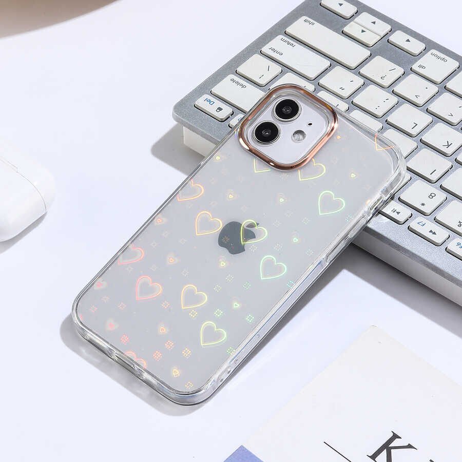 Apple  iPhone 12 Kılıf Renkli Transparan Parlak Desenli Sert Kapak (SİDNEY) Heart No1