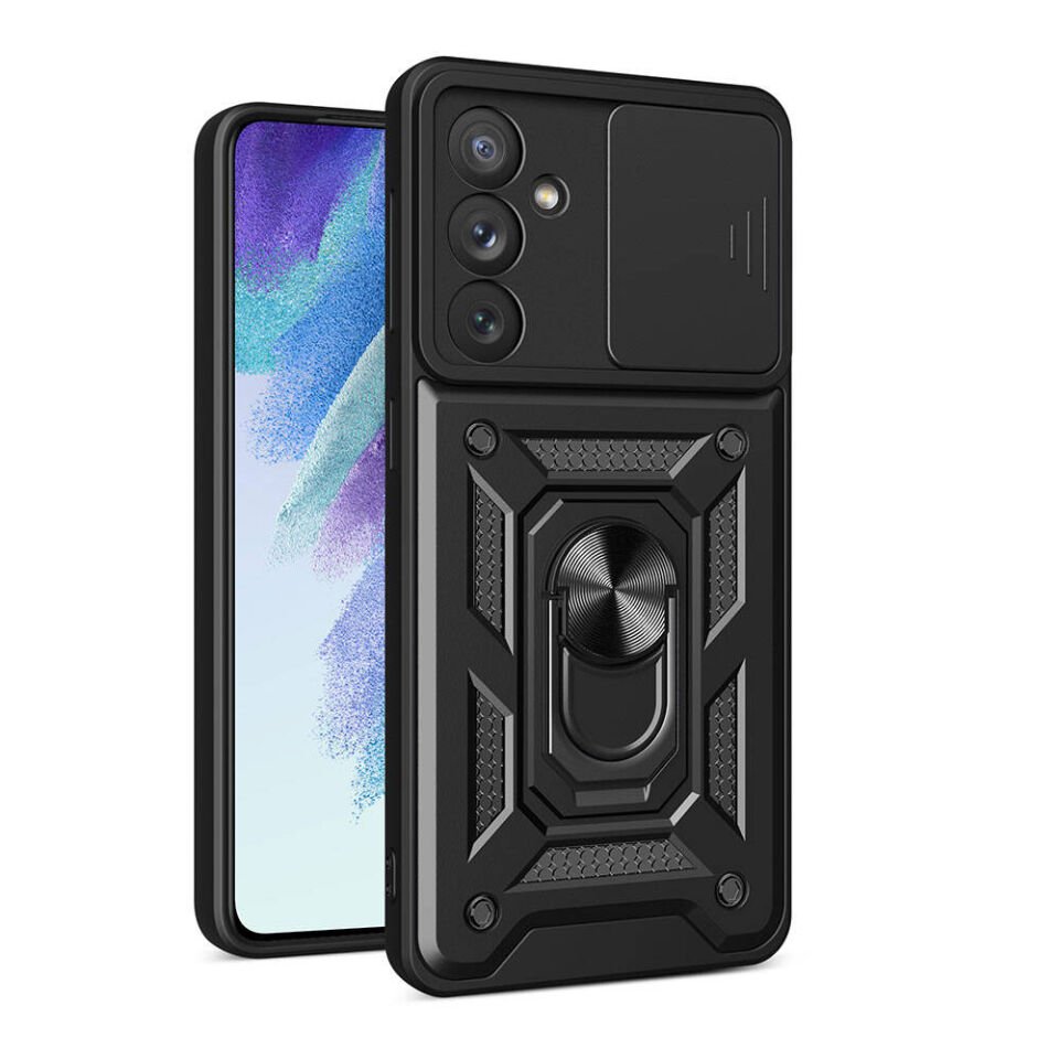 Samsung Galaxy A54 Kılıf Sürgülü Tank Zırh Yüzüklü Mıknatıslı Standlı Kapak (S-VEGA) Siyah