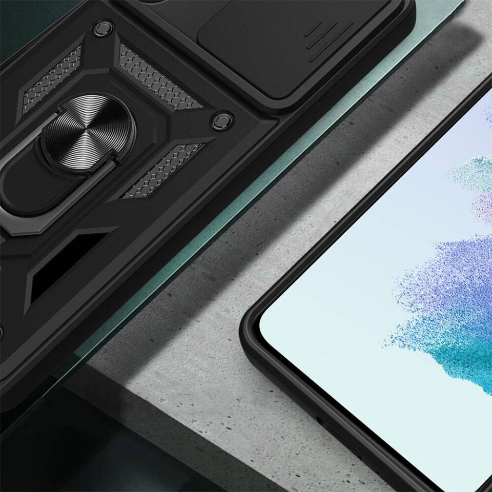 Samsung Galaxy A54 Kılıf Sürgülü Tank Zırh Yüzüklü Mıknatıslı Standlı Kapak (S-VEGA) Siyah