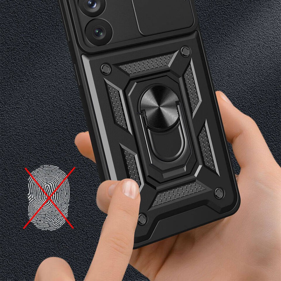 Samsung Galaxy A54 Kılıf Sürgülü Tank Zırh Yüzüklü Mıknatıslı Standlı Kapak (S-VEGA) Siyah